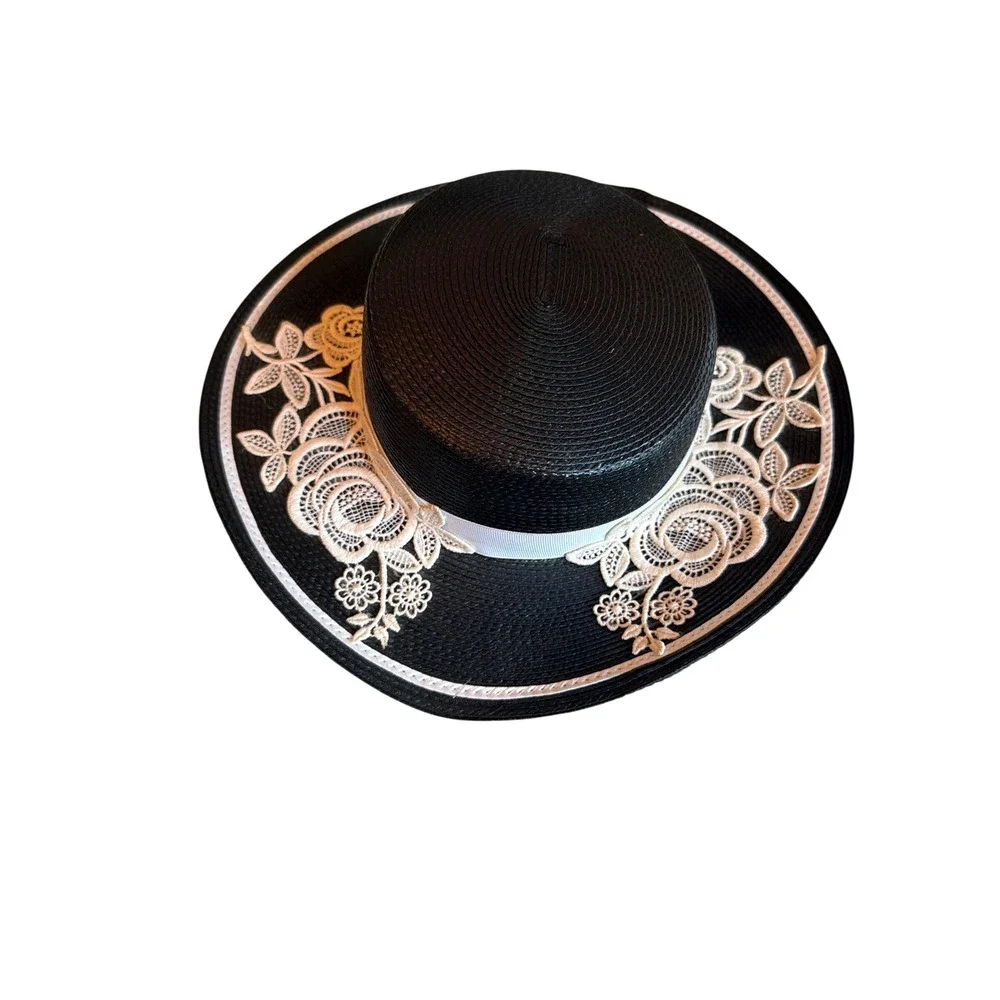 Vintage Boater Hat Black Cream Lace Floral Wide Brim Skimmer Formal Hat